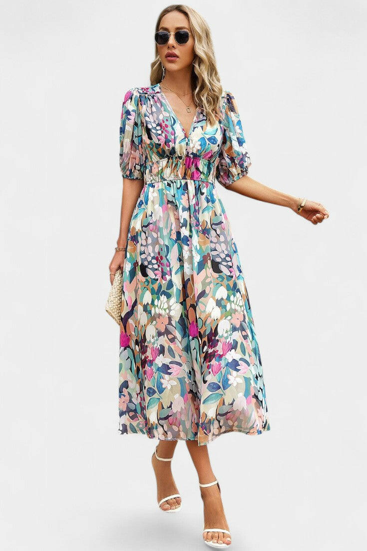 Georgina Vestido Midi Floral con Escote en V.