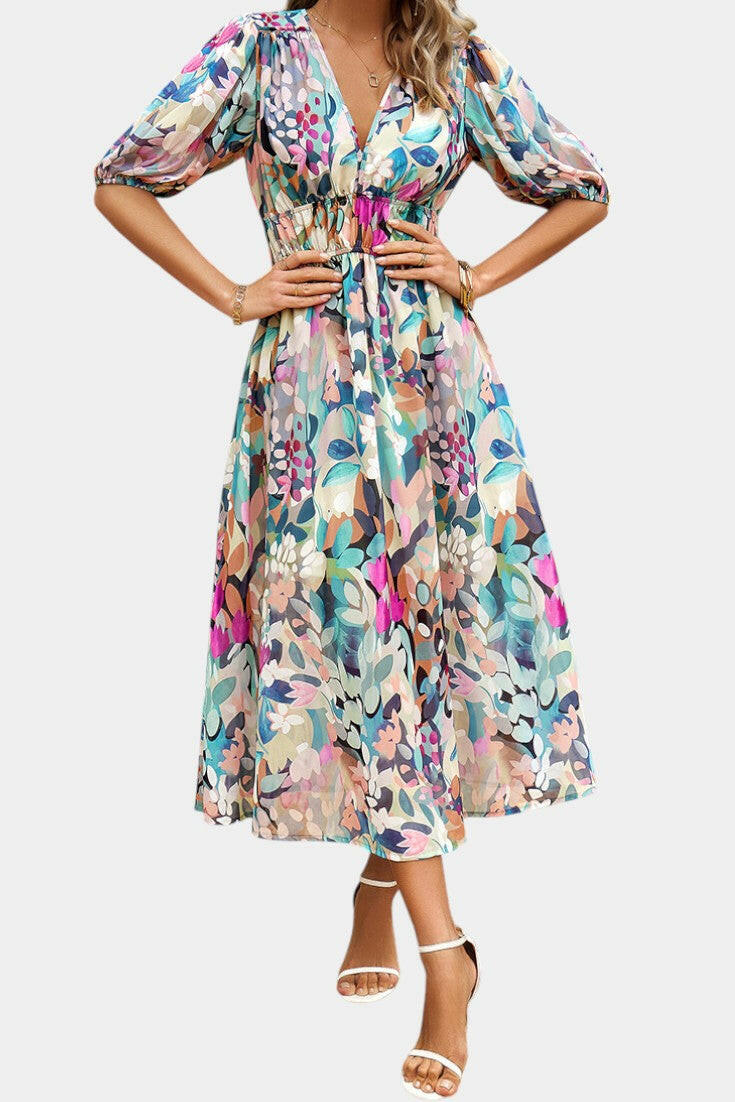 Georgina Vestido Midi Floral con Escote en V.