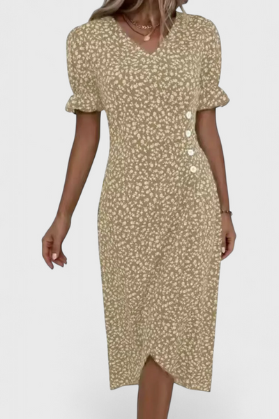 Joana Vestido Midi Floral con Escote en V y Mangas Cortas.