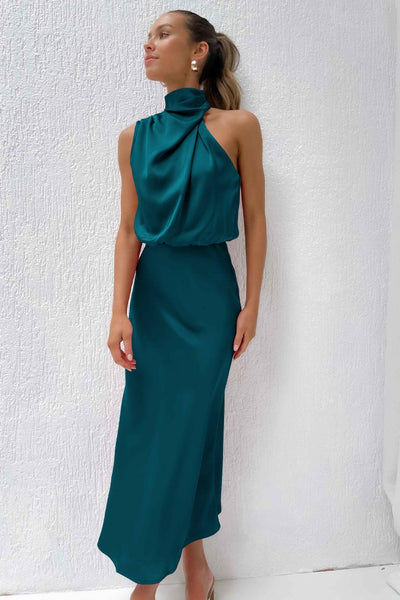 Valeria™ | Vestido Largo de Satén con Cuello Halter.