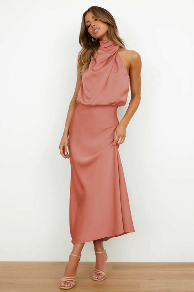 Valeria™ | Vestido Largo de Satén con Cuello Halter.