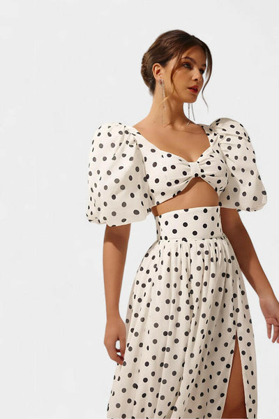 Sherine Conjunto de Falda con Mangas Abullonadas de Lunares.
