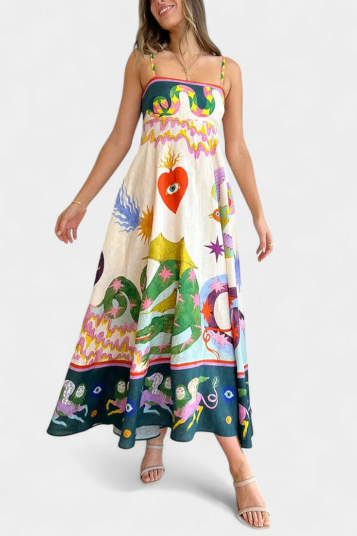 Arlene Vestido Midi de Mezcla de Lino Impreso.
