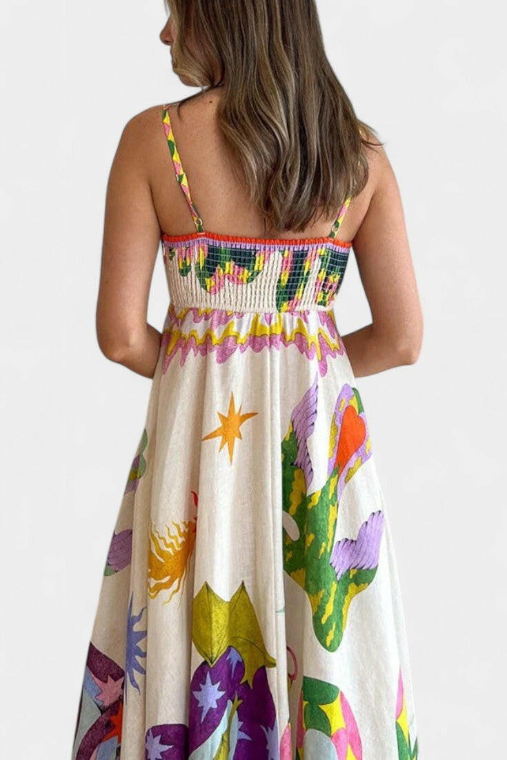 Arlene Vestido Midi de Mezcla de Lino Impreso.