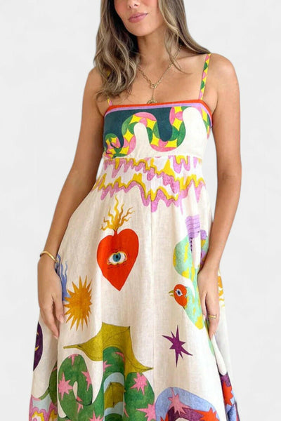 Arlene Vestido Midi de Mezcla de Lino Impreso.