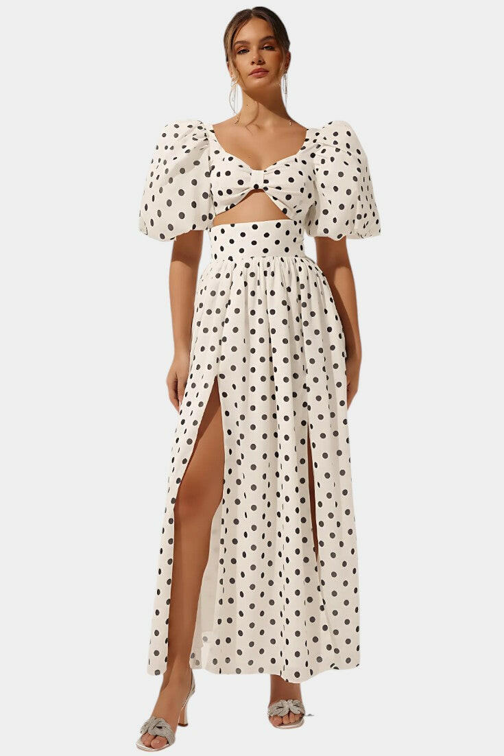 Sherine Conjunto de Falda con Mangas Abullonadas de Lunares.