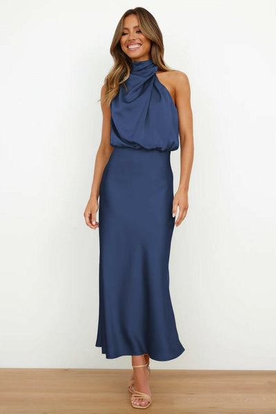 Valeria™ | Vestido Largo de Satén con Cuello Halter.