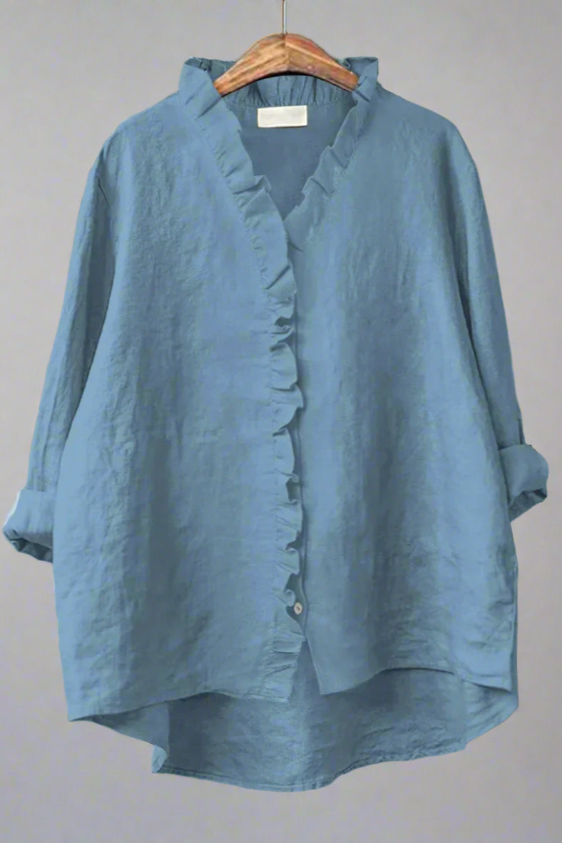 Sanela - Camisa informal con volantes en algodón y lino.