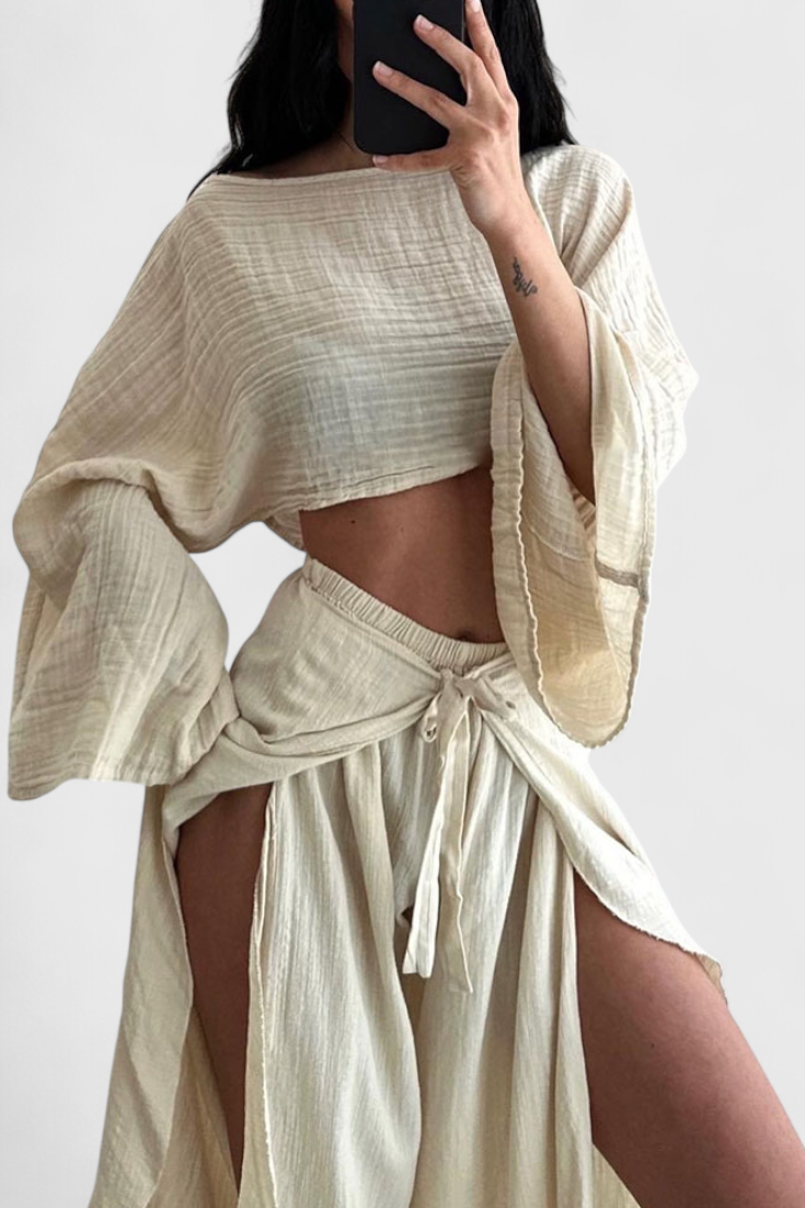 Elsie Conjunto Fluido con Kimono y Pantalón Cruzado.