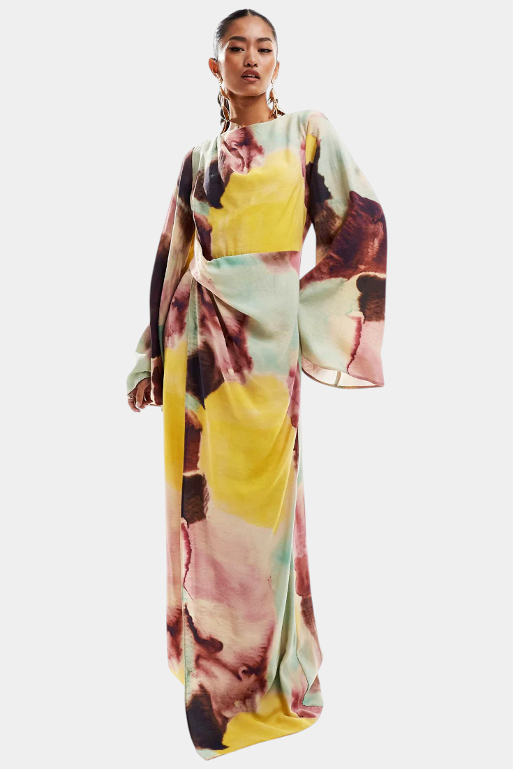 Dana Vestido Maxi de Acuarela con Frontal Torcido.
