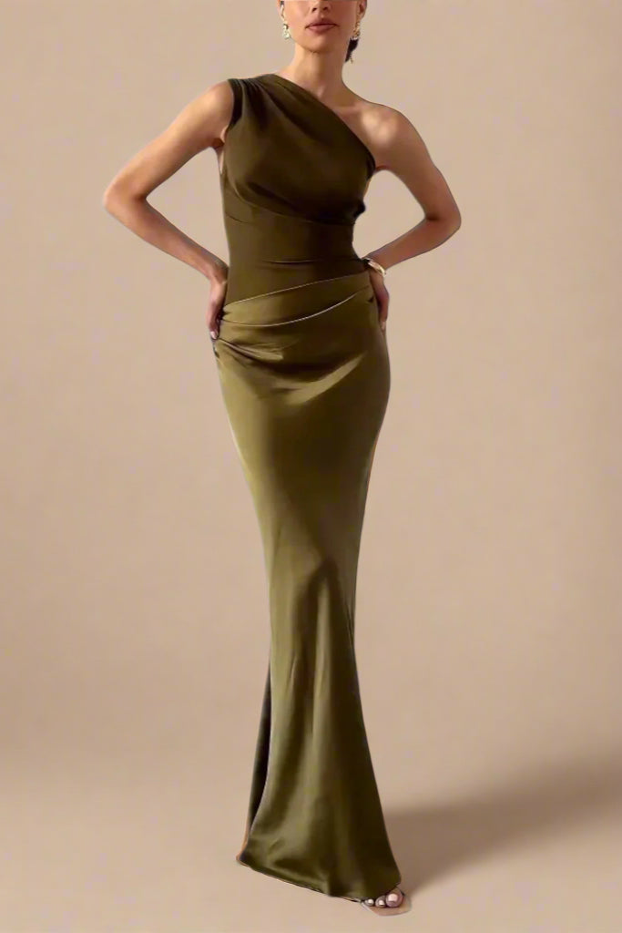 Ella - Elegante vestido largo plisado de un solo hombro.