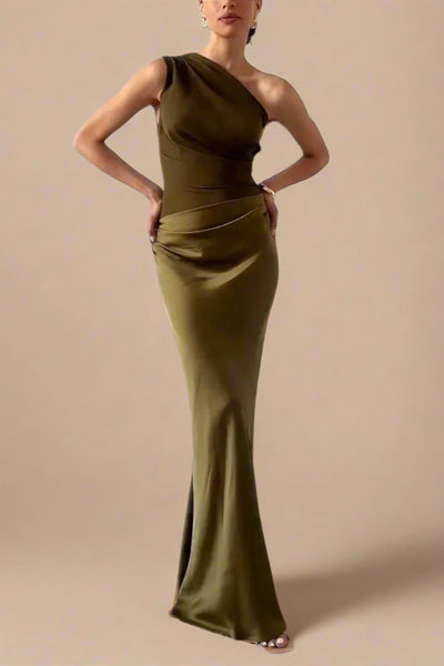 Ella - Elegante vestido largo plisado de un solo hombro.