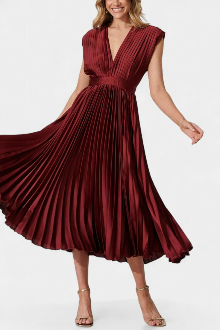 Audrey Vestido Midi con Pliegues y Escote en V.