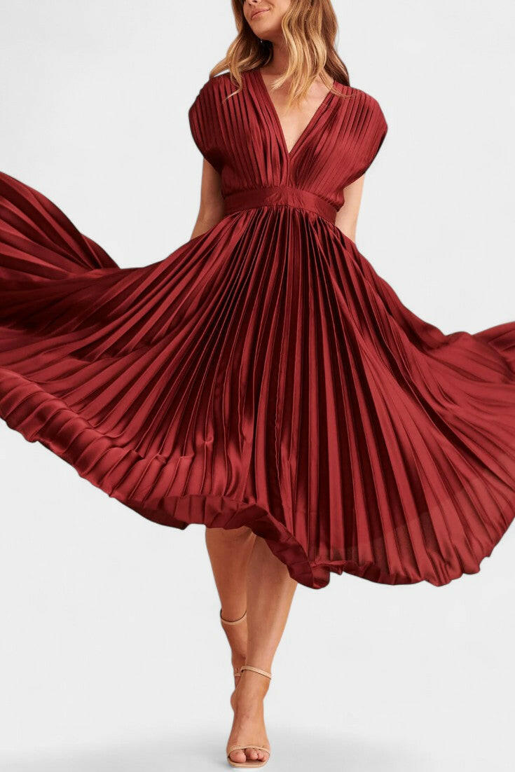 Audrey Vestido Midi con Pliegues y Escote en V.