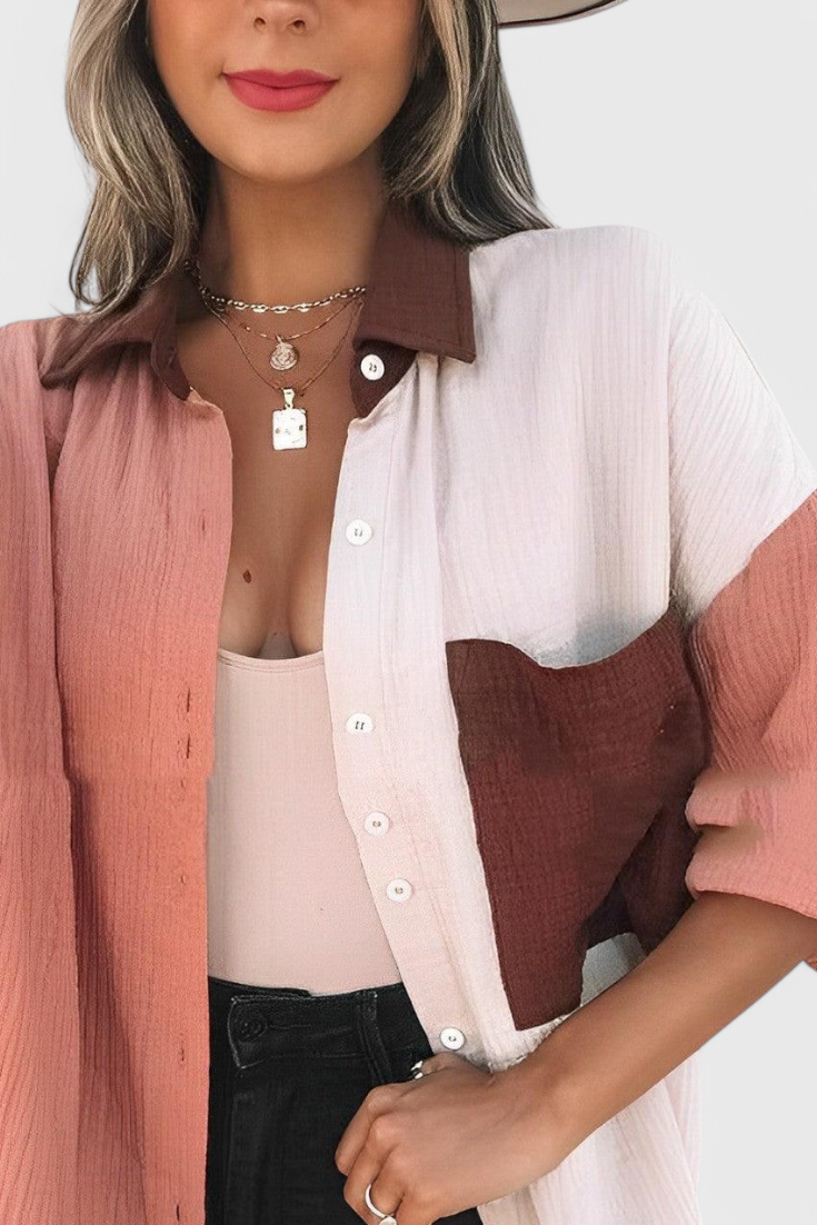 Juniper Blusa de Botones en Bloque de Color.