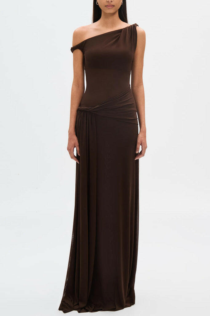 Eranda Vestido Maxi de Malla Drapada Off-Shoulder.