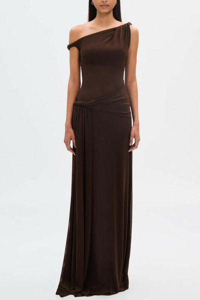 Eranda Vestido Maxi de Malla Drapada Off-Shoulder.