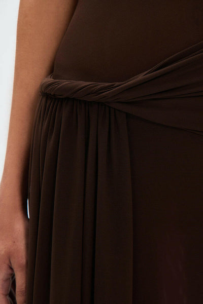 Eranda Vestido Maxi de Malla Drapada Off-Shoulder.