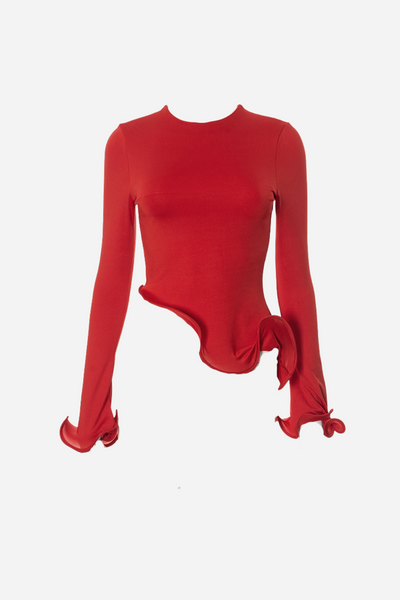 VIRELLA Asymmetric Crew Neck Swirl Top.