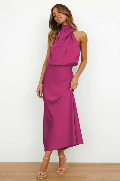 Valeria™ | Vestido Largo de Satén con Cuello Halter.