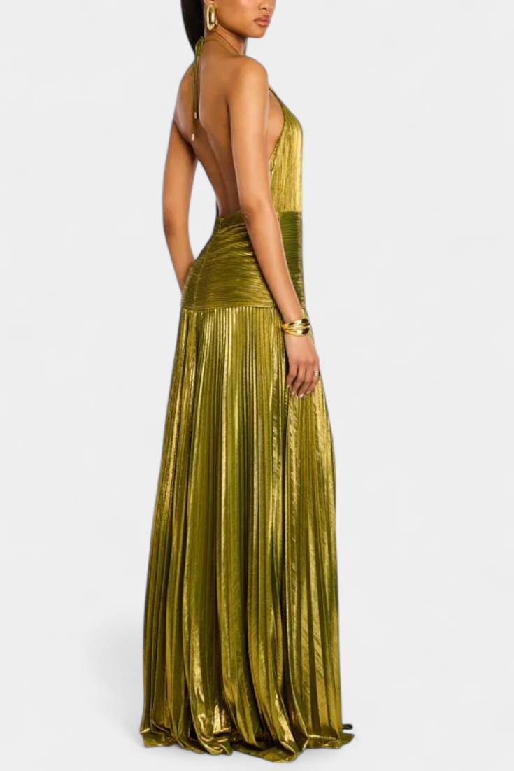 Emma Vestido Maxi Halter Abierto por la Espalda Metálico.