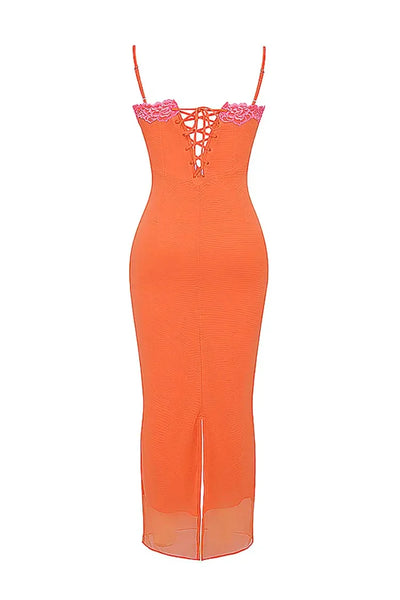 Malla Floral Patchwork Corsé Cami Bodycon Slit Maxi Vestido.