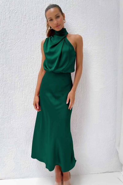 Valeria™ | Vestido Largo de Satén con Cuello Halter.
