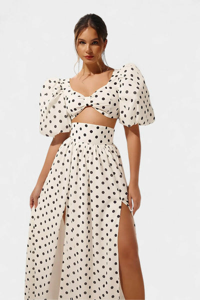 Sherine Conjunto de Falda con Mangas Abullonadas de Lunares.