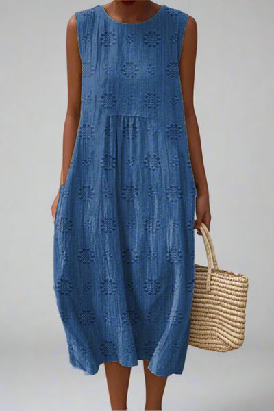 Aikaterini - Elegante vestido de algodón sin mangas con bolsillos.