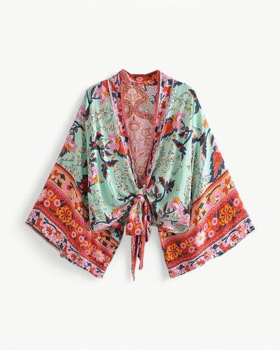 ODÉLIA – Bohemisk kimono-blus med knytfront &amp; V-ringing