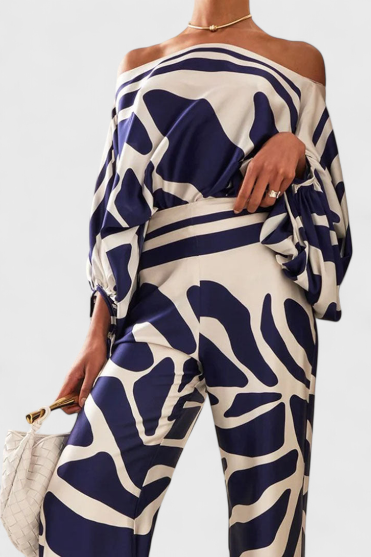 Sybella Conjunto Estampado de Dos Piezas con Pantalones de Pierna Ancha.