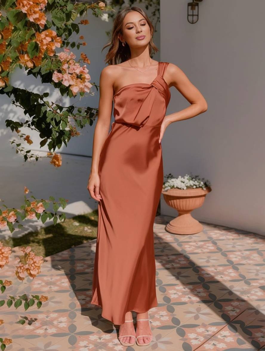 ELEVA – Vestido largo de satén.