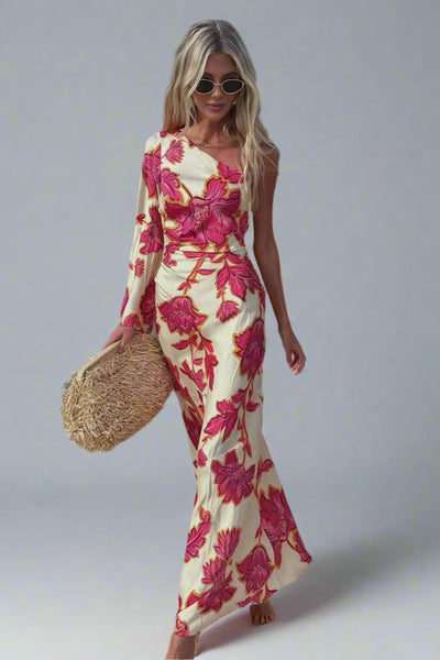 Solea – Vestido largo floral de satén con un solo hombro.