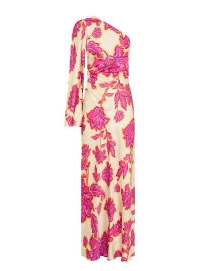 Solea – Vestido largo floral de satén con un solo hombro.