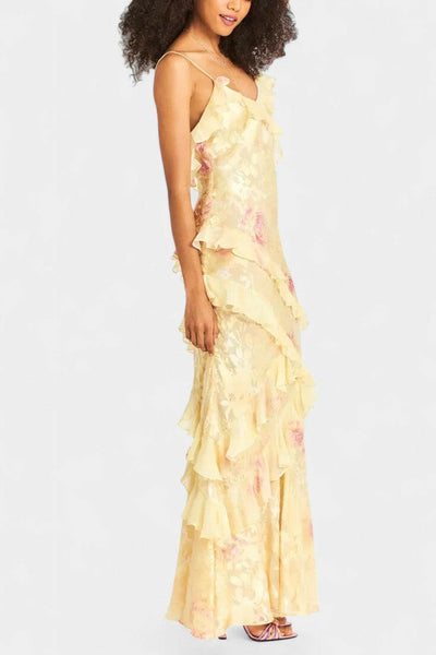 Fawn Vestido Maxi con Volantes Florales.