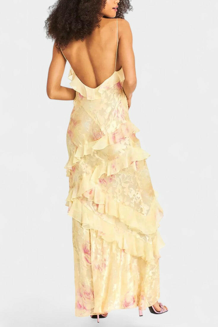 Fawn Vestido Maxi con Volantes Florales.