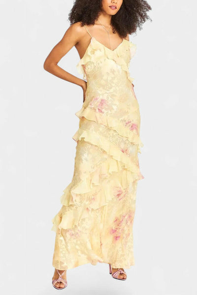 Fawn Vestido Maxi con Volantes Florales.