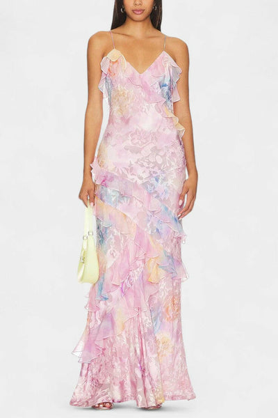 Fawn Vestido Maxi con Volantes Florales.