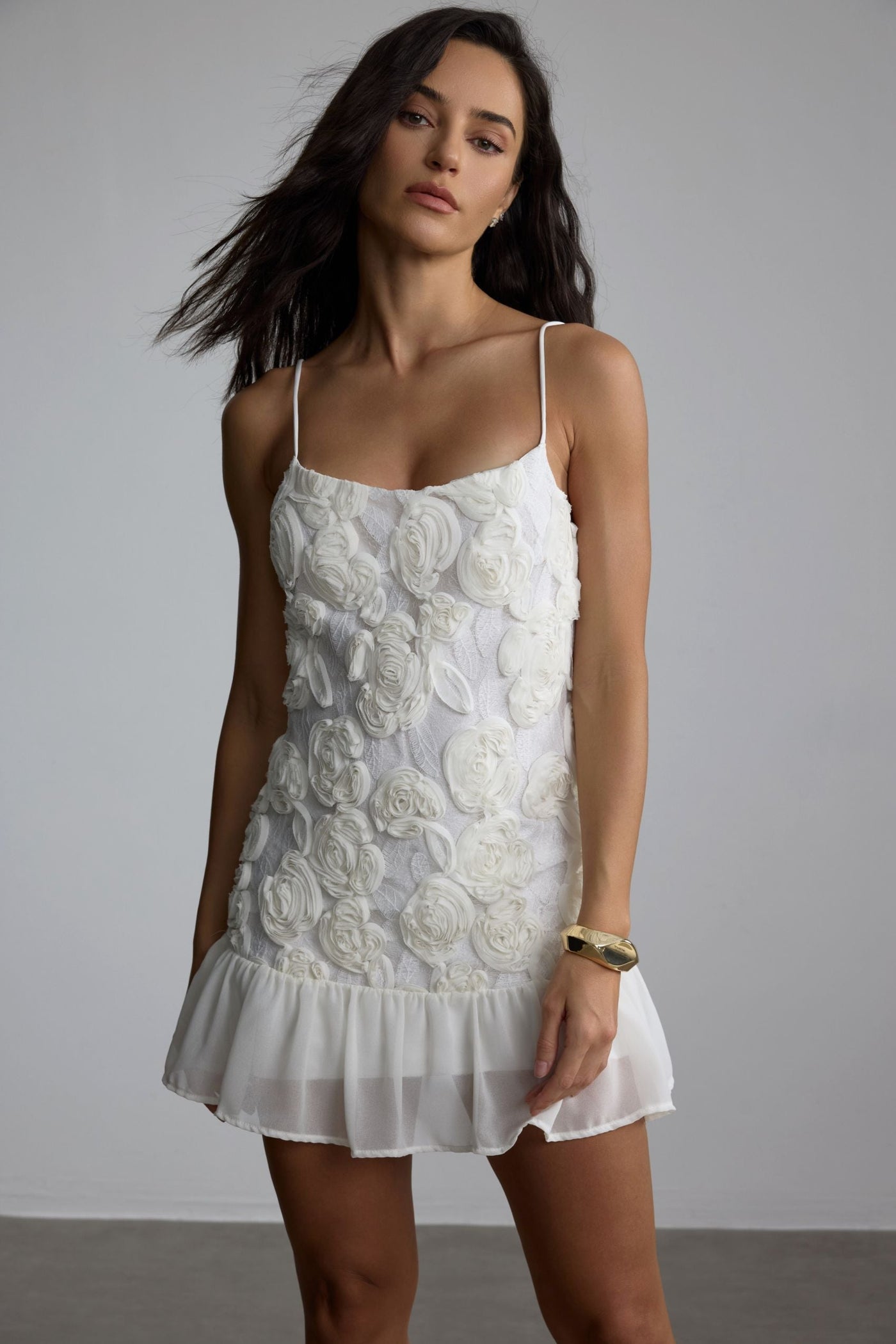 Beverly – Floral Applique Plissé Chiffon Mini Dress.