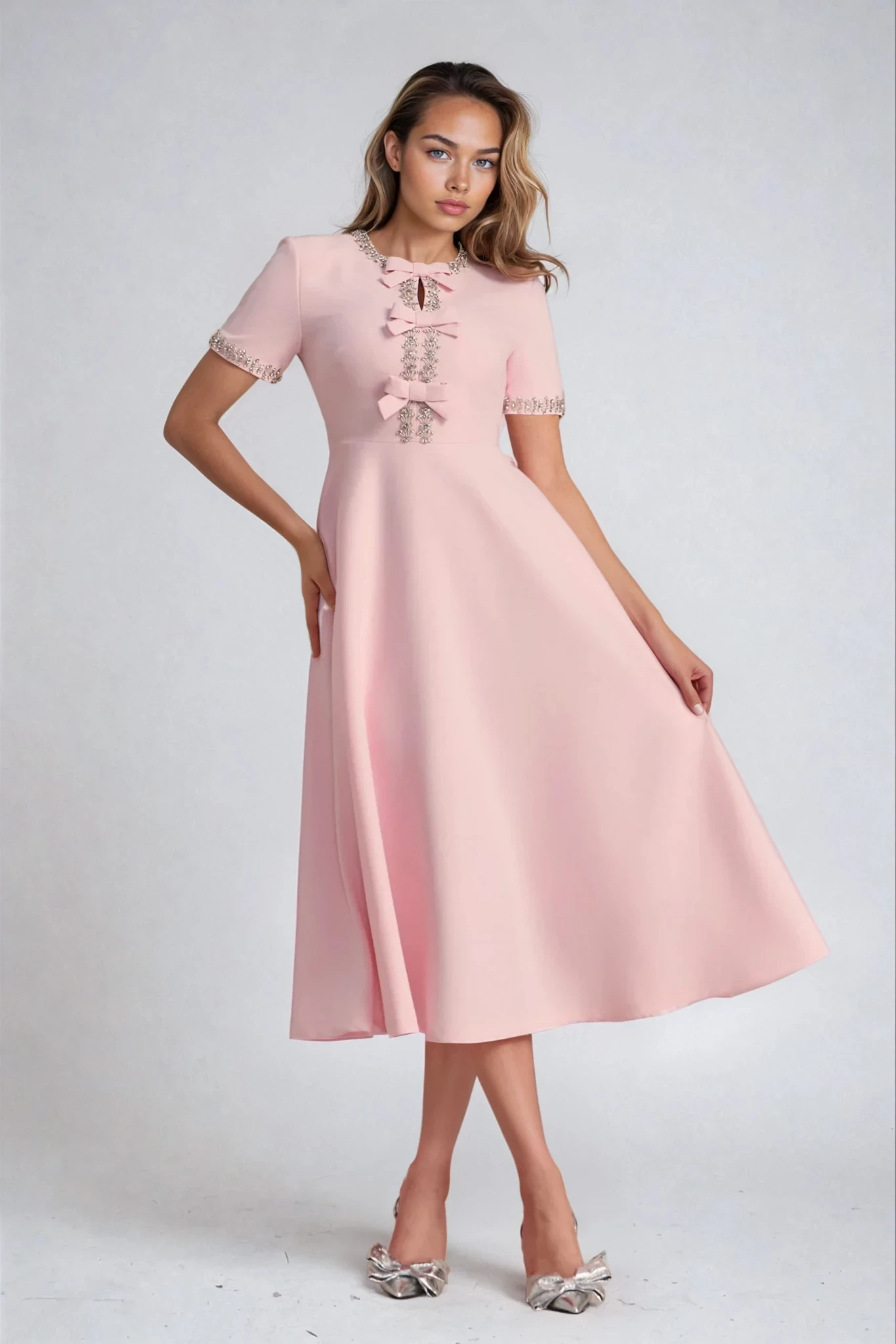 Zoe – Bowknot Crystal Midi Dress.