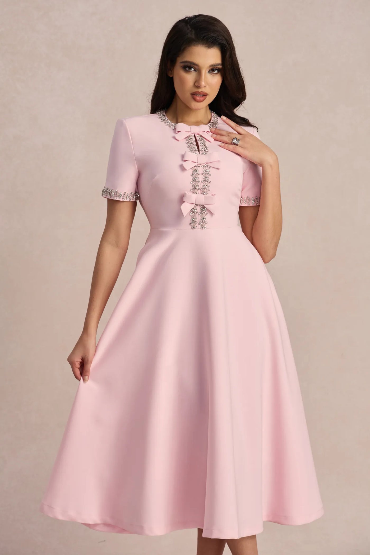 Zoe – Bowknot Crystal Midi Dress.