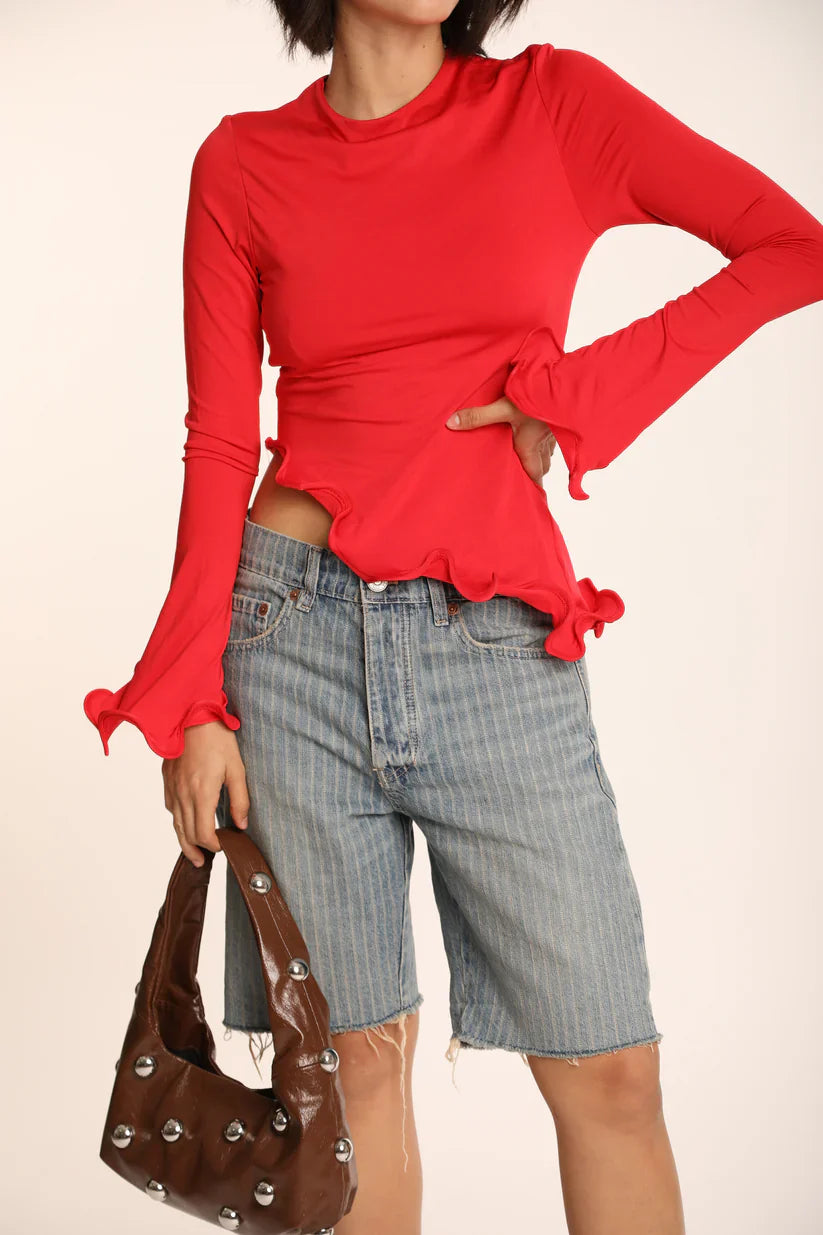 VIRELLA Asymmetric Crew Neck Swirl Top.