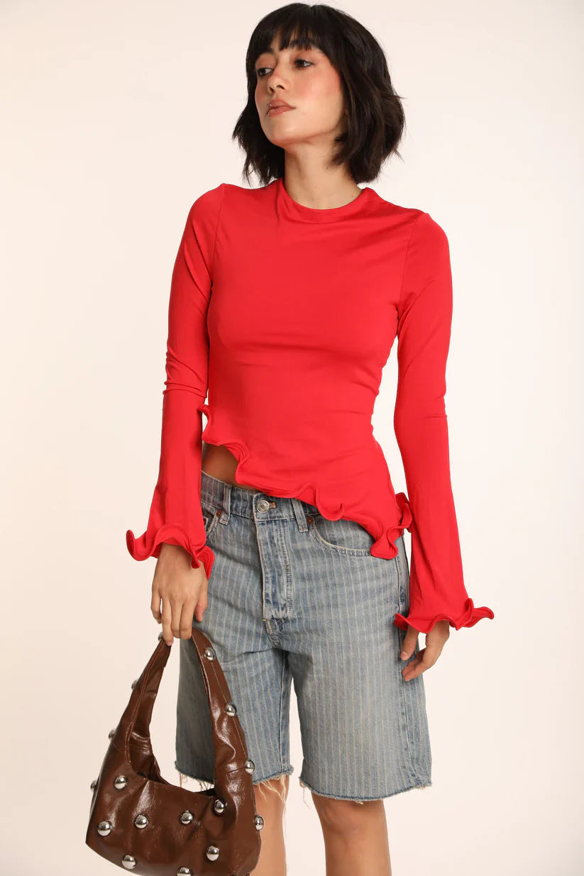 VIRELLA Asymmetric Crew Neck Swirl Top.