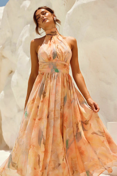 Naomi | Elegante vestido a medida con estampado de acuarela.