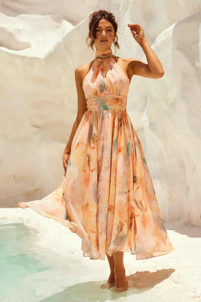 Naomi | Elegante vestido a medida con estampado de acuarela.