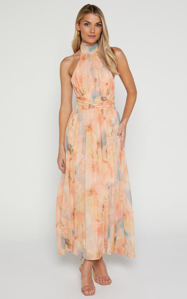 Naomi | Elegante vestido a medida con estampado de acuarela.