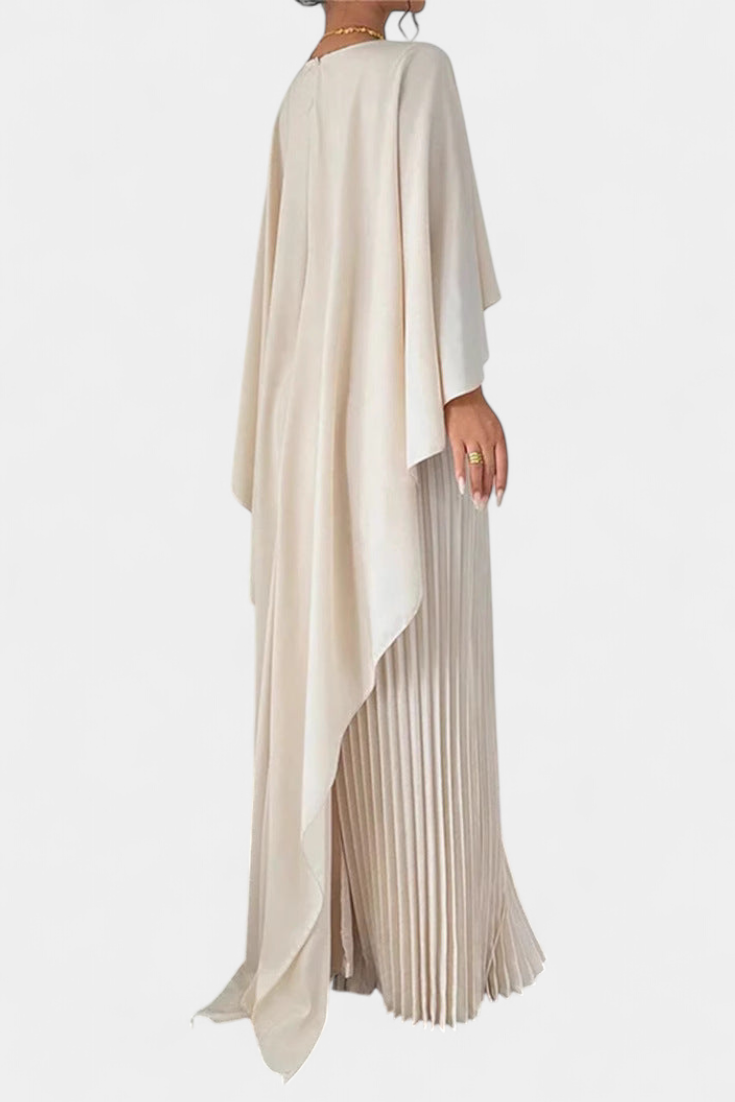 Belen Vestido Maxi de Cuello Alto con Pliegues y Mangas de Volante.