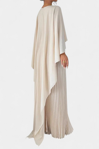 Belen Vestido Maxi de Cuello Alto con Pliegues y Mangas de Volante.