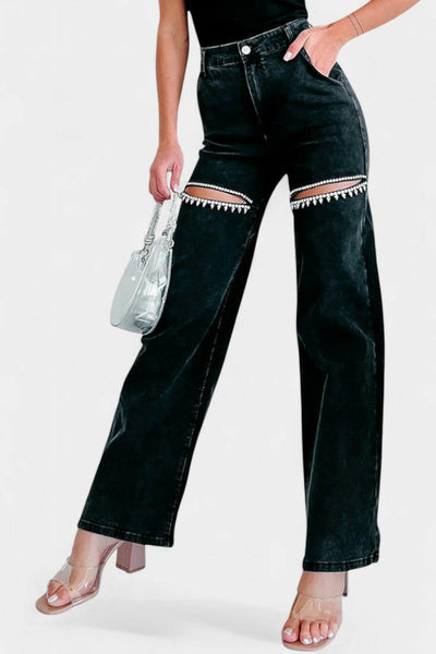 Effie Jeans Ripped Straight-Leg con Rhinestones.
