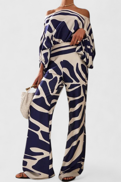 Sybella Conjunto Estampado de Dos Piezas con Pantalones de Pierna Ancha.